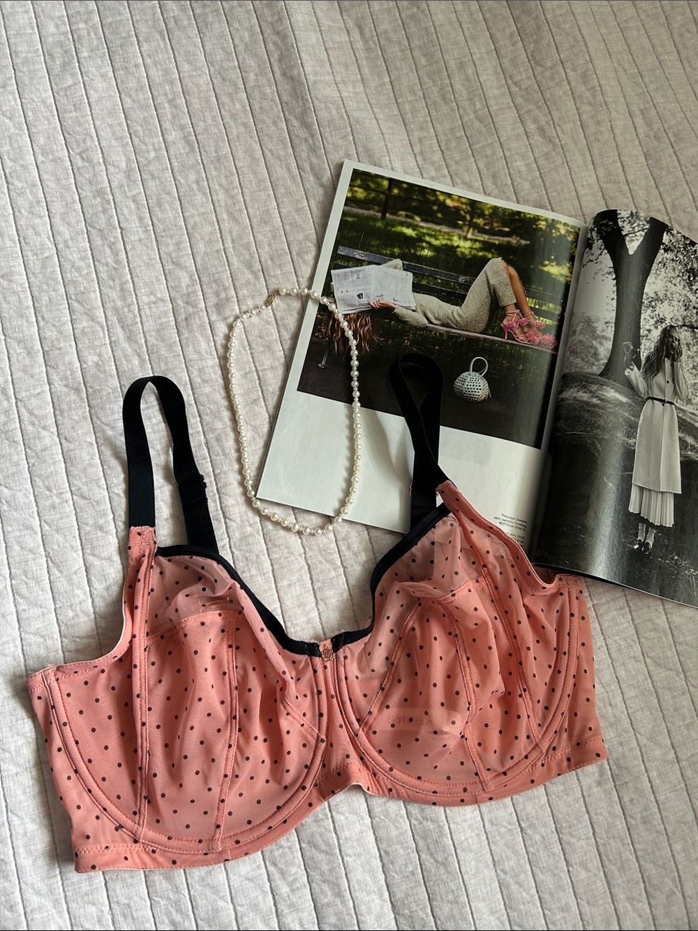 Skarlett blue 38DDD pin up retro sheer peach black polkadot bra